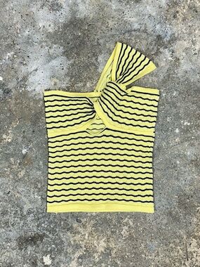 Yellow Stripe Cutout Asymmetrical Knit Top